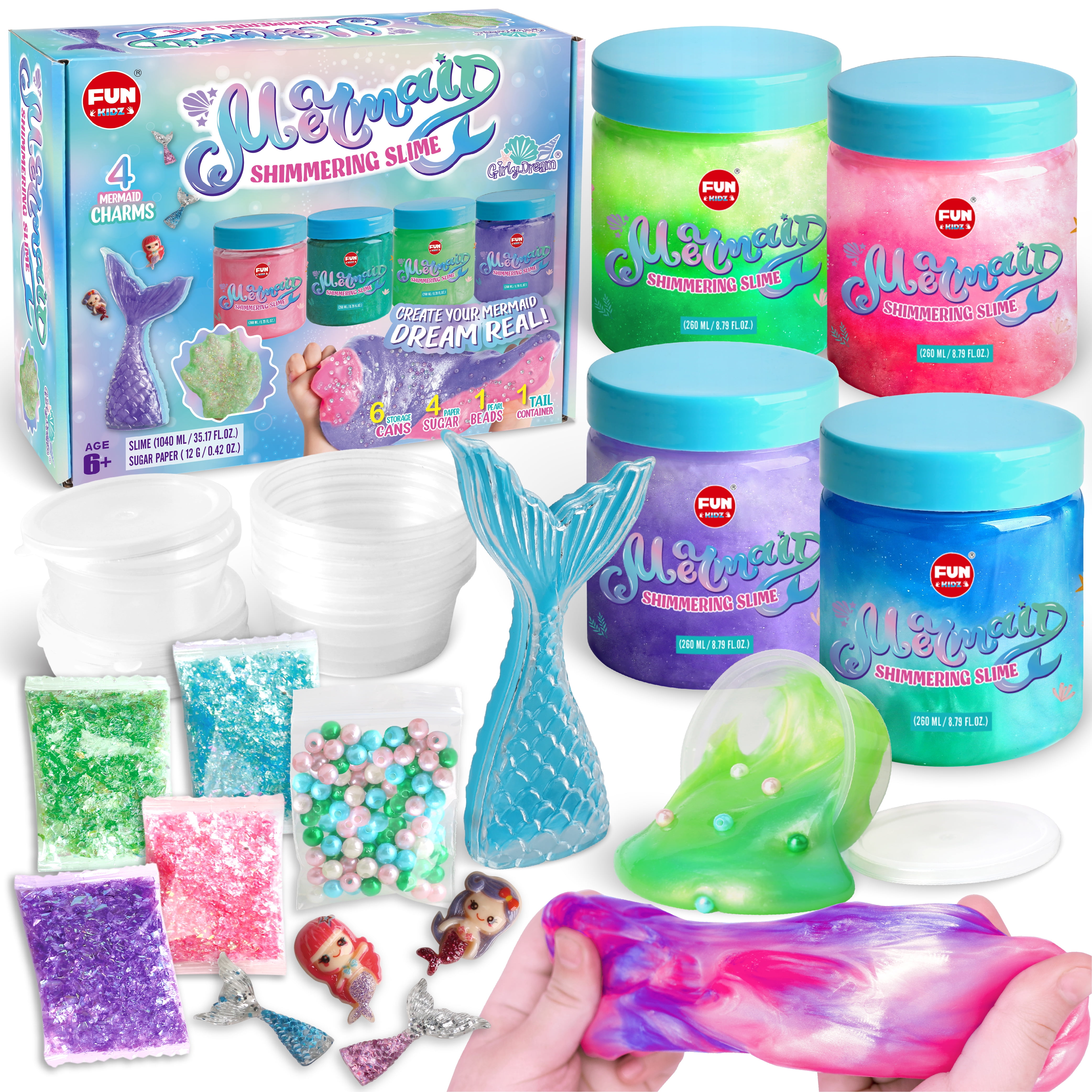 Mermaid Slime for Girls，Funkidz Shimmer Sparkle Slime Kit with Mermaid Tail Charms Pearls Supplies Great Mermaid Toy Gift for 7 8 9 10 11 12 Years Old Girls Kids