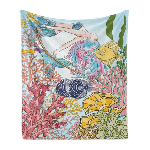 Mermaid Soft Flannel Fleece Blanket, Hand Drawn Mermaid Creature Swinging Rope Coral Reefs in Underwater World Artwork, Cozy Plush for Indoor and Outdoor Use, 50" x 60", Multicolor, by Ambesonne