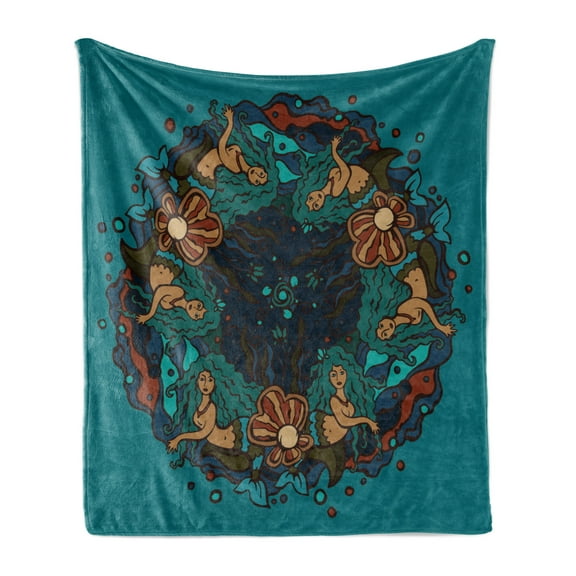 Mermaid Soft Flannel Fleece Blanket, Marine Theme Circle of Mermaids Illustration Vintage Style Ornamental Pattern, Cozy Plush for Indoor and Outdoor Use, 50" x 70", Teal Red Cream, by Ambesonne