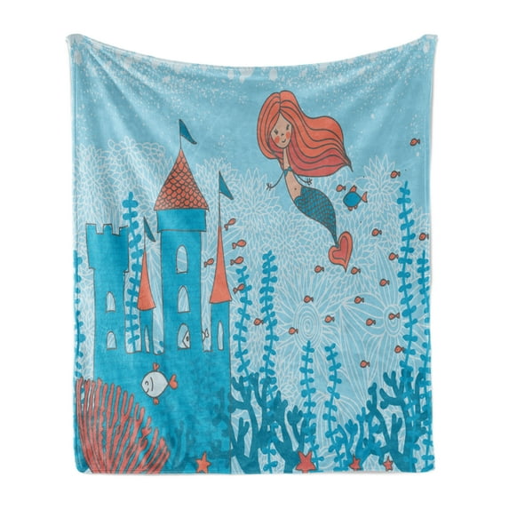 Mermaid Soft Flannel Fleece Throw Blanket, Art of Little Girl Under the Sea in Corals Castle and Little Fish Print, Cozy Plush for Indoor and Outdoor Use, 70" x 90", Teal Orange, by Ambesonne
