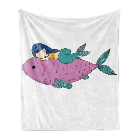 Mermaid Soft Flannel Fleece Throw Blanket, Baby Mermaid Sleeping on Top Giant Fish Happy Best Friends Kids Nursery Theme, Cozy Plush for Indoor and Outdoor Use, 50" x 60", Purple Teal, by Ambesonne