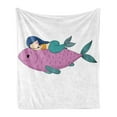 thumbnail image 1 of Mermaid Soft Flannel Fleece Throw Blanket, Baby Mermaid Sleeping on Top Giant Fish Happy Best Friends Kids Nursery Theme, Cozy Plush for Indoor and Outdoor Use, 70" x 90", Purple Teal, by Ambesonne, 1 of 5