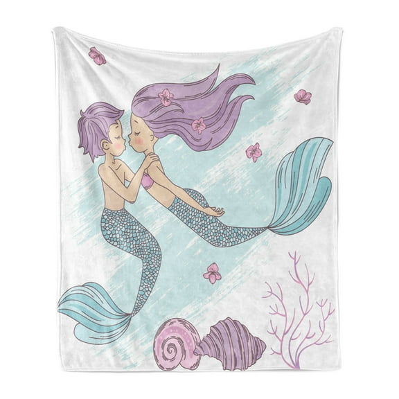 Mermaid Soft Flannel Fleece Throw Blanket, Cartoon of Underwater Couple with Fish Tails, Cozy Plush for Indoor and Outdoor Use, 50" x 60", Lilac Baby Blue, by Ambesonne