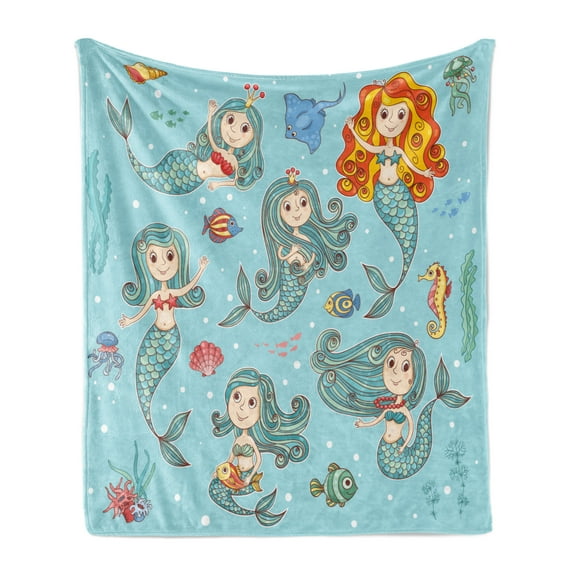 Mermaid Soft Flannel Fleece Throw Blanket, Composition Girls Different Types of Sea Creatures Marine Themed Print, Cozy Plush for Indoor and Outdoor Use, 50" x 70", Teal Orange, by Ambesonne