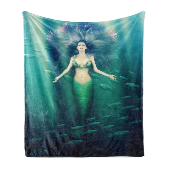 Mermaid Soft Flannel Fleece Throw Blanket, Fairytale Mermaid with Fish in Sunbeams Sun Rays Underwater World, Cozy Plush for Indoor and Outdoor Use, 50" x 60", Green Aqua Purple, by Ambesonne