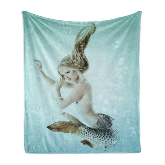 Mermaid Soft Flannel Fleece Throw Blanket, Floating Girl Water Bubbles Underwater Themed Artwork Print, Cozy Plush for Indoor and Outdoor Use, 60" x 80", Seafoam Beige and Brown, by Ambesonne