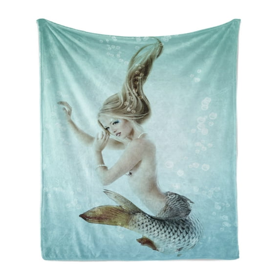 Mermaid Soft Flannel Fleece Throw Blanket, Floating Girl Water Bubbles Underwater Themed Artwork Print, Cozy Plush for Indoor and Outdoor Use, 60" x 80", Seafoam Beige and Brown, by Ambesonne