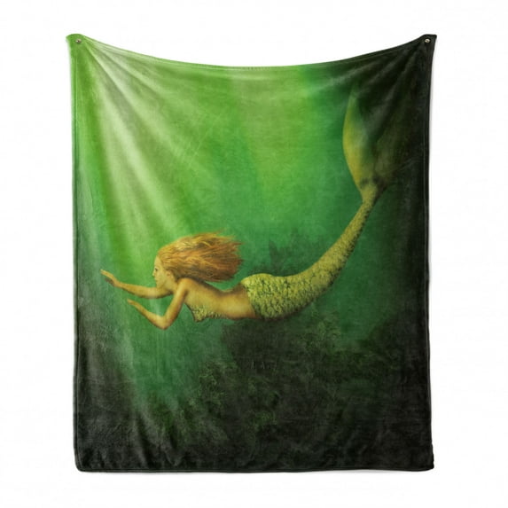 Mermaid Soft Flannel Fleece Throw Blanket, Girl Fish Tail Swimming in the Deep Sea Fantasy World Artwork Print, Cozy Plush for Indoor and Outdoor Use, 60" x 80", Dark Green Ginger Green, by Ambesonne