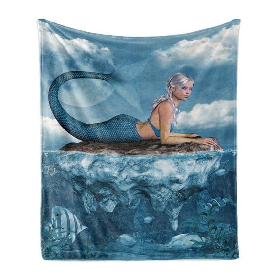Mermaid Soft Flannel Fleece Throw Blanket, Graphic Art Print of a Mermaid Girl on a Rock in the Sea Mythical Character, Cozy Plush for Indoor and Outdoor Use, 60" x 80", Navy Blue White, by Ambesonne