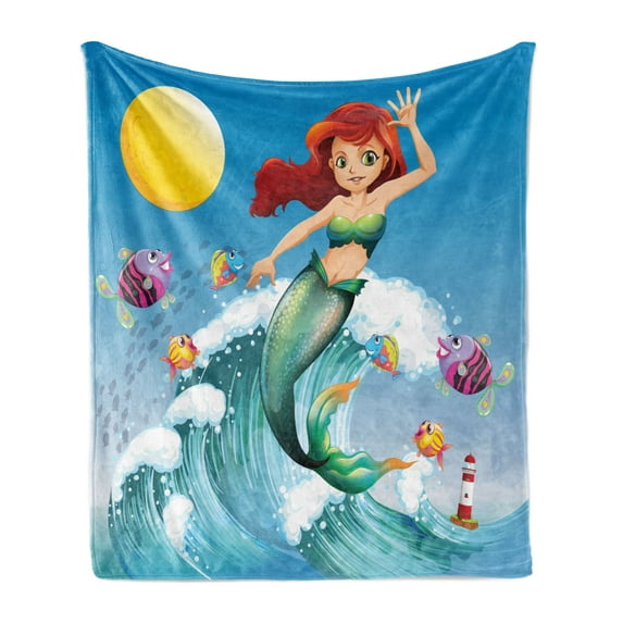 Mermaid Soft Flannel Fleece Throw Blanket, Illustration Little Girl on top of a Big Wave in the Surf Fish Kids, Cozy Plush for Indoor and Outdoor Use, 50" x 70", Multicolor, by Ambesonne