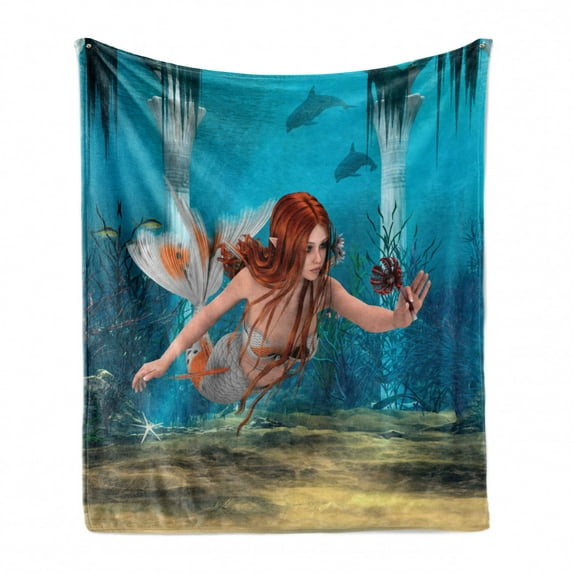 Mermaid Soft Flannel Fleece Throw Blanket, Lifelike Mermaid Holding a Sea Lily Magic Aquatic World Theme, Cozy Plush for Indoor and Outdoor Use, 70" x 90", Burnt Sienna Pale Blue, by Ambesonne