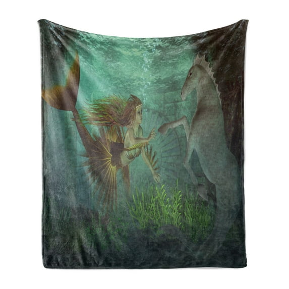 Mermaid Soft Flannel Fleece Throw Blanket, Mermaid Meets Seahorse Underwater World Fantasy Fairytale Design, Cozy Plush for Indoor and Outdoor Use, 50" x 60", Amber Green Aqua, by Ambesonne