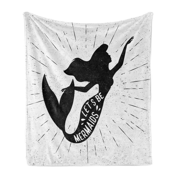 Mermaid Soft Flannel Fleece Throw Blanket, Monochrome Art Lets Be Mermaids Words Typography on Silhouette, Cozy Plush for Indoor and Outdoor Use, 50" x 60", Charcoal Grey Pale Grey, by Ambesonne