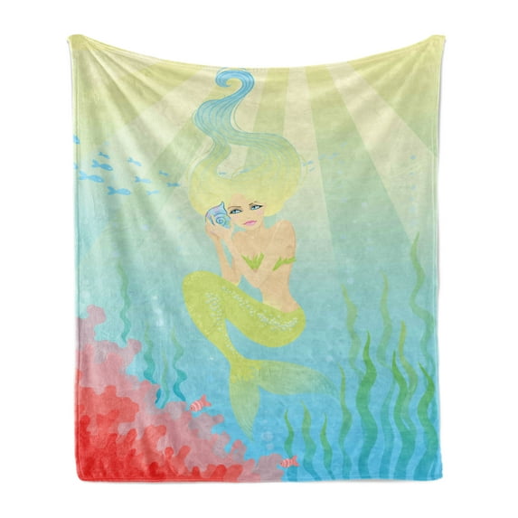 Mermaid Soft Flannel Fleece Throw Blanket, Soft Pastel Color Unusual Mermaid Fish Girl Listening to Ocean Sound in a Shell, Cozy Plush for Indoor and Outdoor Use, 70" x 90", Coral Blue, by Ambesonne