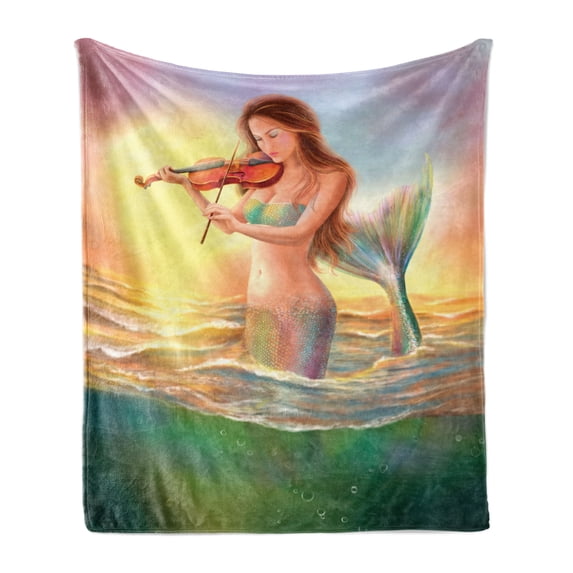 Mermaid Soft Flannel Fleece Throw Blanket, Mermaid Playing Violin at Sunset View Colorful Realistic Design Soft Dreamlike, Cozy Plush for Indoor and Outdoor Use, 50" x 70", Multicolor, by Ambesonne
