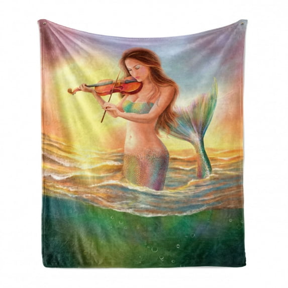 Mermaid Soft Flannel Fleece Throw Blanket, Mermaid Playing Violin at Sunset View Colorful Realistic Design Soft Dreamlike, Cozy Plush for Indoor and Outdoor Use, 70" x 90", Multicolor, by Ambesonne