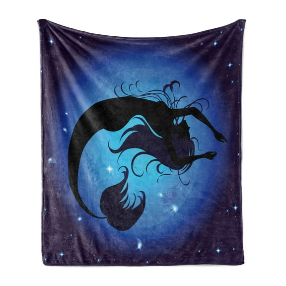 Mermaid Soft Flannel Fleece Throw Blanket, Silhouette of Aquatic Girl on Moon Sky Background Fictional Print, Cozy Plush for Indoor and Outdoor Use, 50" x 60", Purple Black, by Ambesonne
