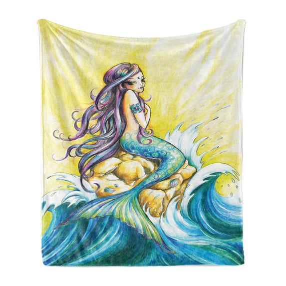 Mermaid Soft Flannel Fleece Throw Blanket, Mermaid Sitting on Rock Sunny Day Colored Pencil Drawing Effect, Cozy Plush for Indoor and Outdoor Use, 50" x 70", Yellow Blue Purple, by Ambesonne