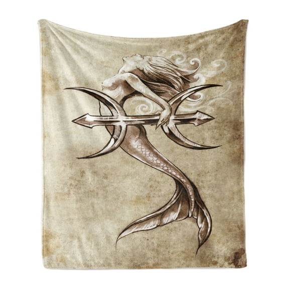 Mermaid Soft Flannel Fleece Throw Blanket, Vintage Girl in the Sea an Anchor Mythical Aquatic Creature Graphic Art, Cozy Plush for Indoor and Outdoor Use, 70" x 90", Beige Brown, by Ambesonne