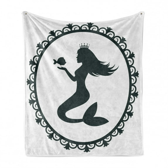 Mermaid Soft Flannel Fleece Throw Blanket, Vintage Graphic Illustration of a Framed Princess Girl Crown and Fish, Cozy Plush for Indoor and Outdoor Use, 50" x 60", Black White, by Ambesonne