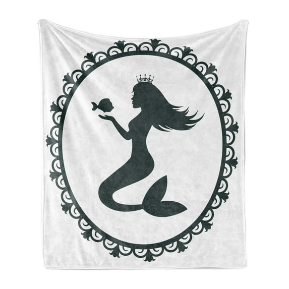 Mermaid Soft Flannel Fleece Throw Blanket, Vintage Graphic Illustration of a Framed Princess Girl Crown and Fish, Cozy Plush for Indoor and Outdoor Use, 50" x 70", Black White, by Ambesonne