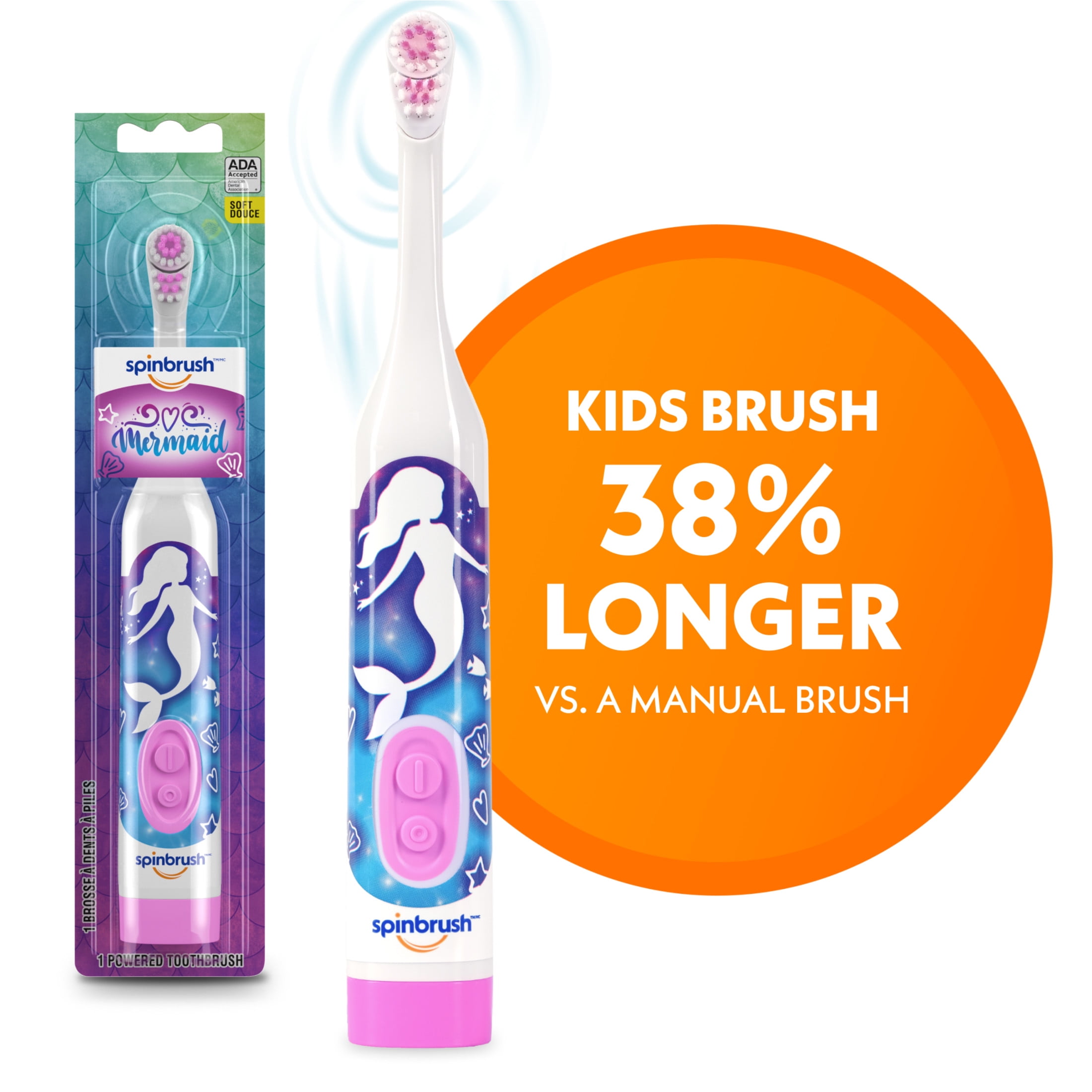 Mermaid Spinbrush Kids Electric Toothbrush, Battery-Powered, Soft Bristles, Ages 3+