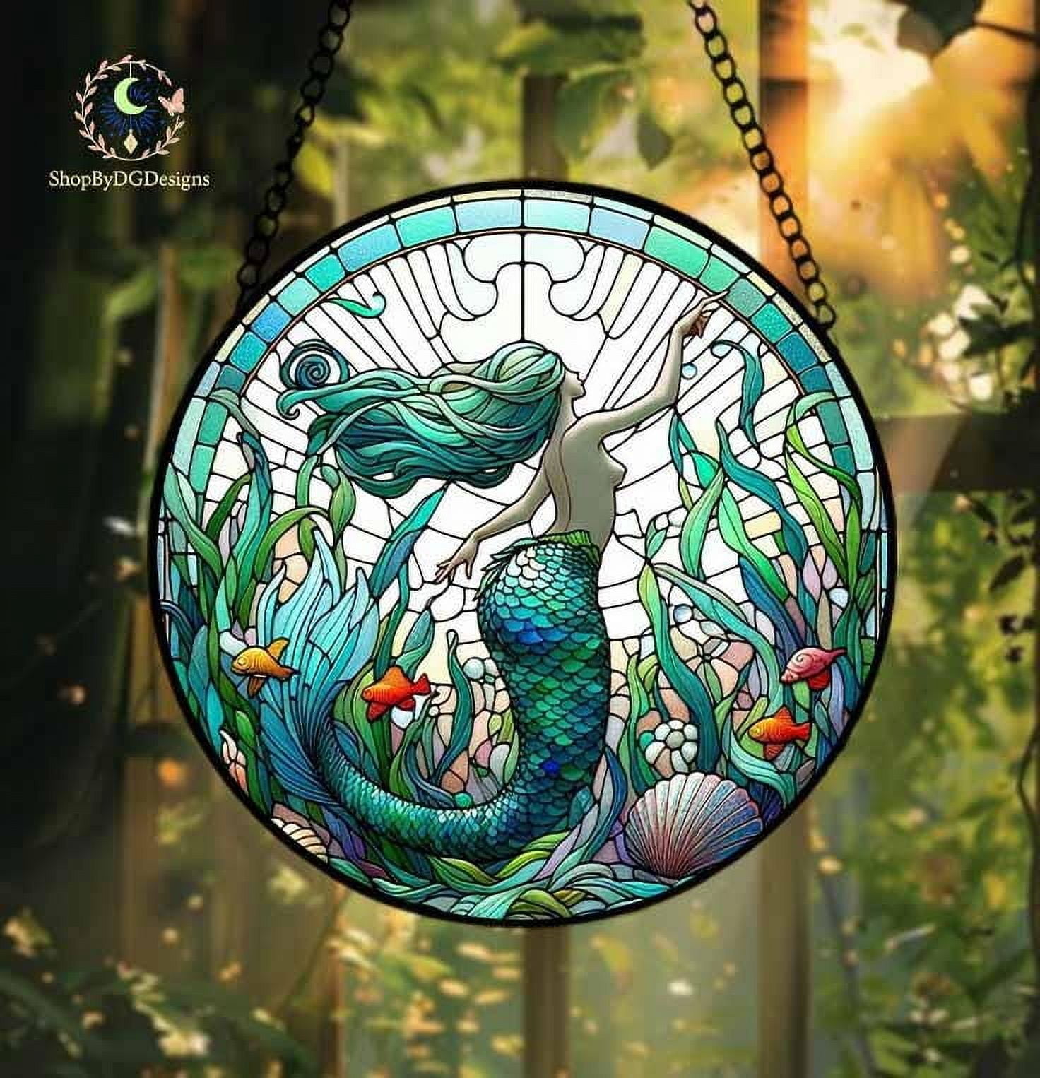 Mermaid Stained Glass Suncatcher Ornament, Ocean Window Hanging Decor ...