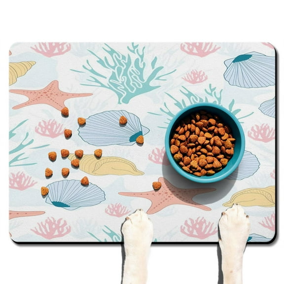 Mermaid & Starfish Fantasy Dog Bowl Mat - Non-Slip Pet Food Spill Catcher - Multi-Layer Design