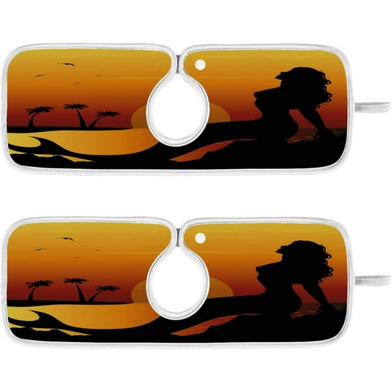 Mermaid Sunset Pretty Sink Splash Guard for Faucet 2 Packs Faucet Absorbent Mats, Tropical Beach Faucet Handle Drip Catcher Quickly Drying Mat for Kitchen Counter Bathroom RV, 14.9"x5.5"
