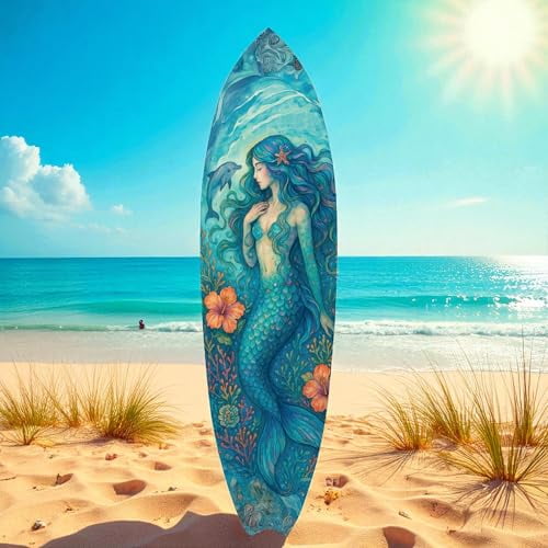 JennyGems Mermaid Surfboard Wall Art, Coastal PVC Beach House Decoration, Indoor/Outdoor Watercolor Mermaid Decor for Porch, Pool & Patio, 5 Foot