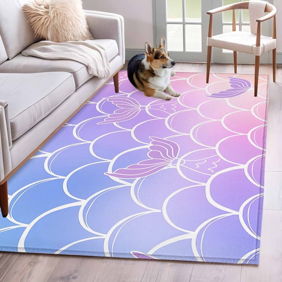 Mermaid Tail 2.7x5 Rug for Office Desk Chair Area Small Bedroom, Rainbow Gradient Overlay Washable Non Slip Rectangle Area Rug