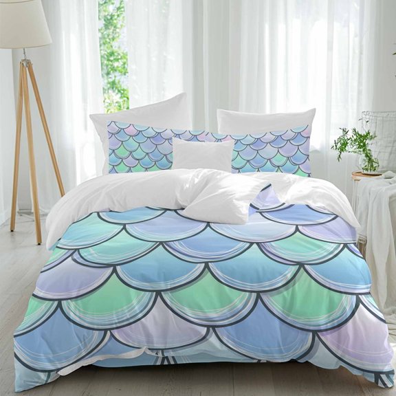 Mermaid Tail Backdrop Comforter Set Queen Size, Fish Scale Soft Bedding Set for Man Woman, 4 Pieces Duvet Cover Set with Fitted Sheet, 2 Pillowcases