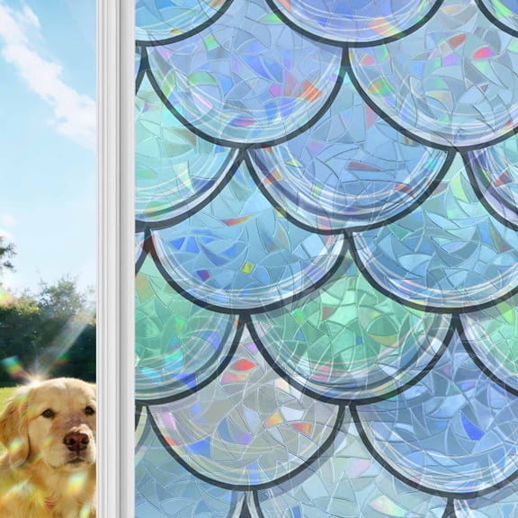 Mermaid Tail Backdrop Rainbow Window Privacy Film, Fish Scale Stained Glass Window Film, Sun Blocking Glass Clings Static Cling Non Adhesive Door Stickers 29.5 x 118 Inches