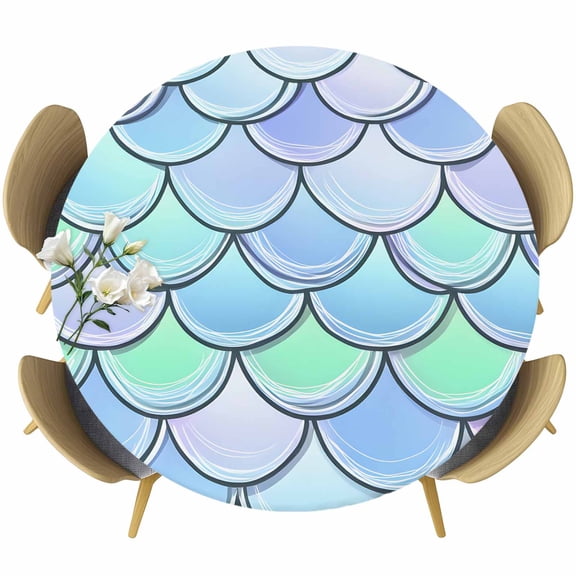 Mermaid Tail Backdrop Round Fitted Table Cover Fish Scale Waterproof Table Cloth with Elastic Edge Wipeable Tablecloth for Picnic Camping Party Fits 36"-44" Diameter