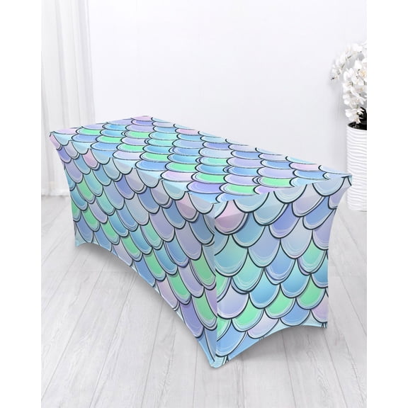 Mermaid Tail Backdrop Spandex Tablecloth 4ft Fish Scale Elastic Fitted Cloth for Rectangle Table Washable Wrinkle Proof Stretch Table Cover for Wedding Party Birthday Banquet