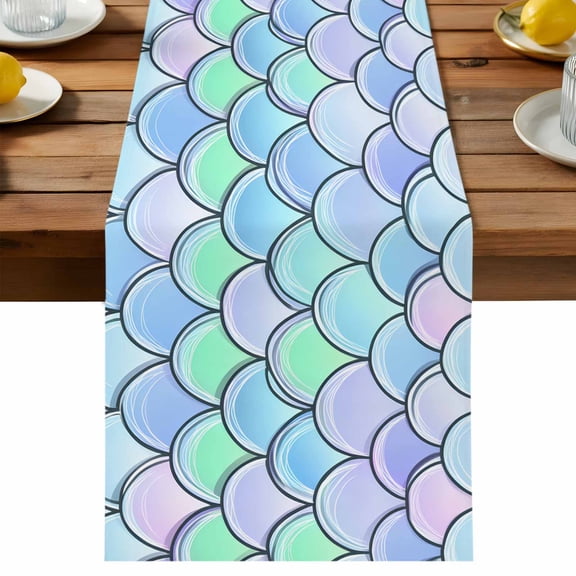 Mermaid Tail Backdrop Table Runner, Fish Scale Cotton Linen Table Cloth, Tablerunner for Kitchen Dining Party Wedding Home Decor 13x36 Inch