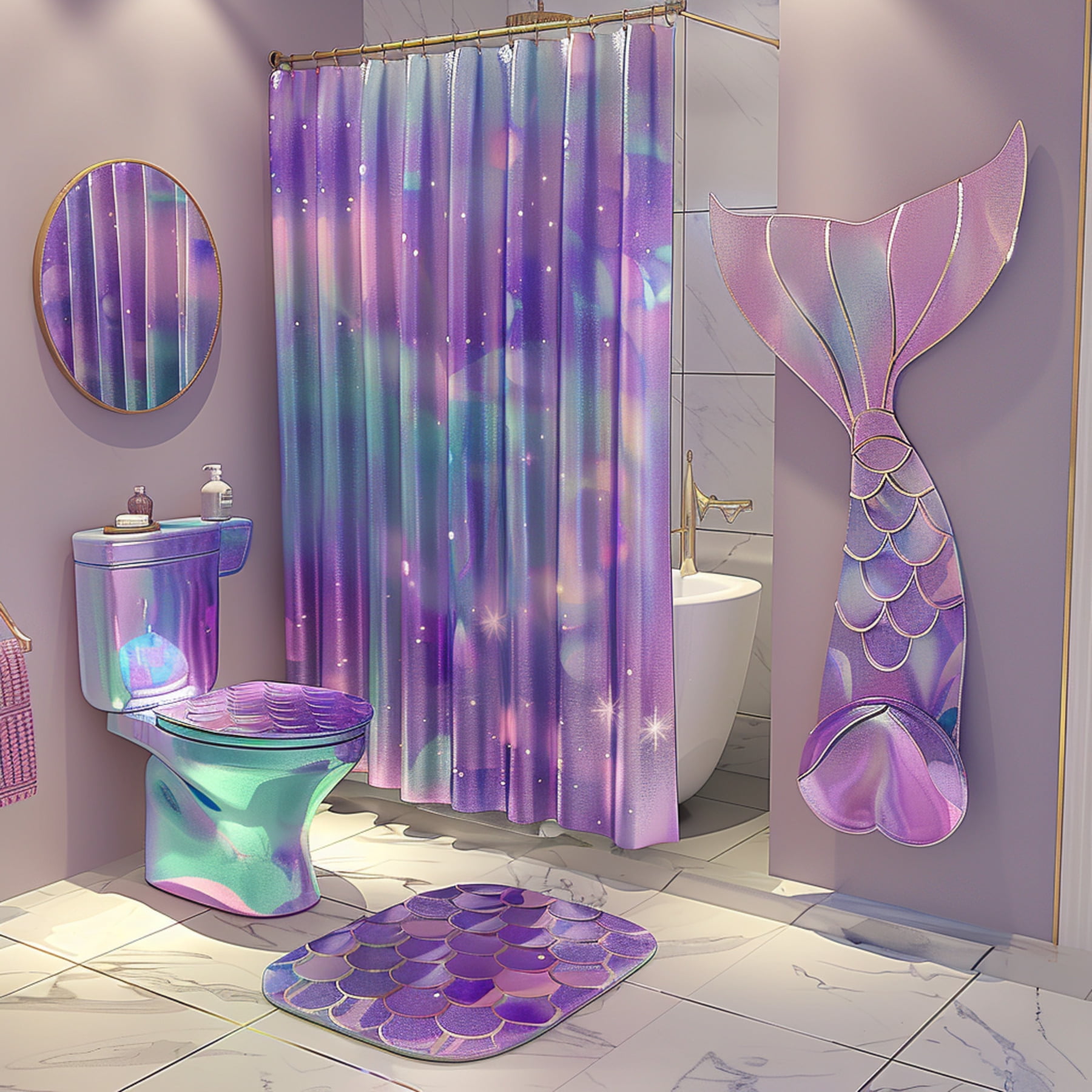 Mermaid Tail Bathroom Set with Iridescent Shower Curtain Pastel Decor ...