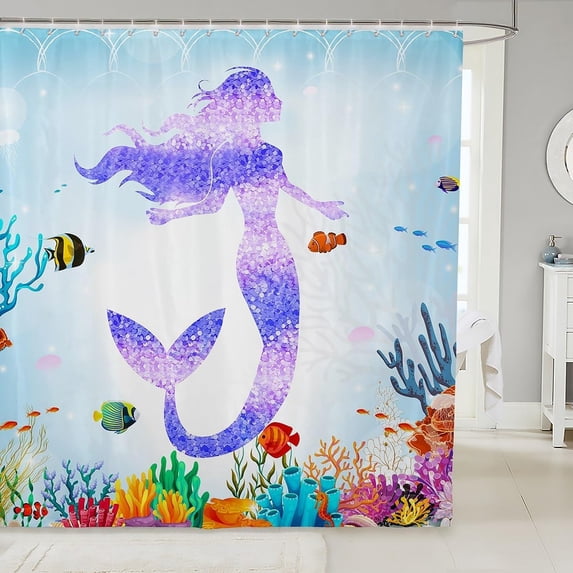 Mermaid Tail Bathtubs Shower Curtain Set Cartoon Mermaid Scale Shower Curtain for Girly Toddler,Little Girls Mermaid Decor Bath Curtain Dreamy Sealife Coastal Creature Bathroom Decor 72"Wx84"L