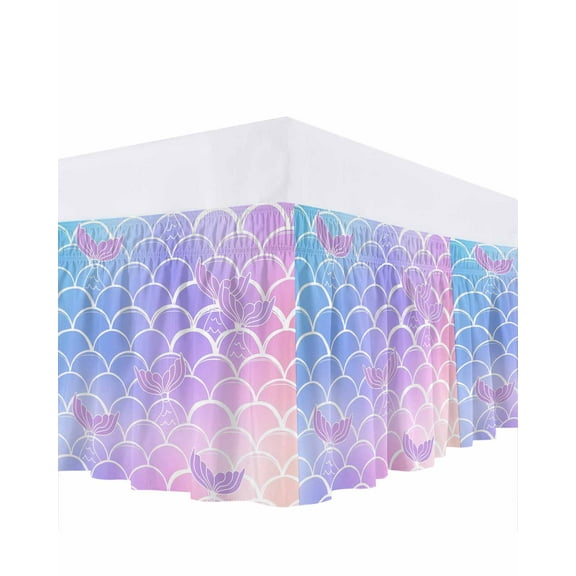 Mermaid Tail Bed Skirt Queen Size 16" Drop Rainbow Gradient Overlay Ruffled Wrap Around Bed Skirts Adjustable Elastic Bedskirt Dust Ruffle for Queen Size Bed