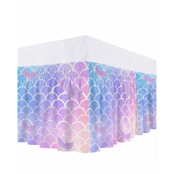 Mermaid Tail Bed Skirt Rainbow Gradient Overlay Bed Skirts King Size 18 Inch Drop, Wrap Around Dust Ruffle Bedskirt with Adjustable Elastic Belt for Queen Size Beds