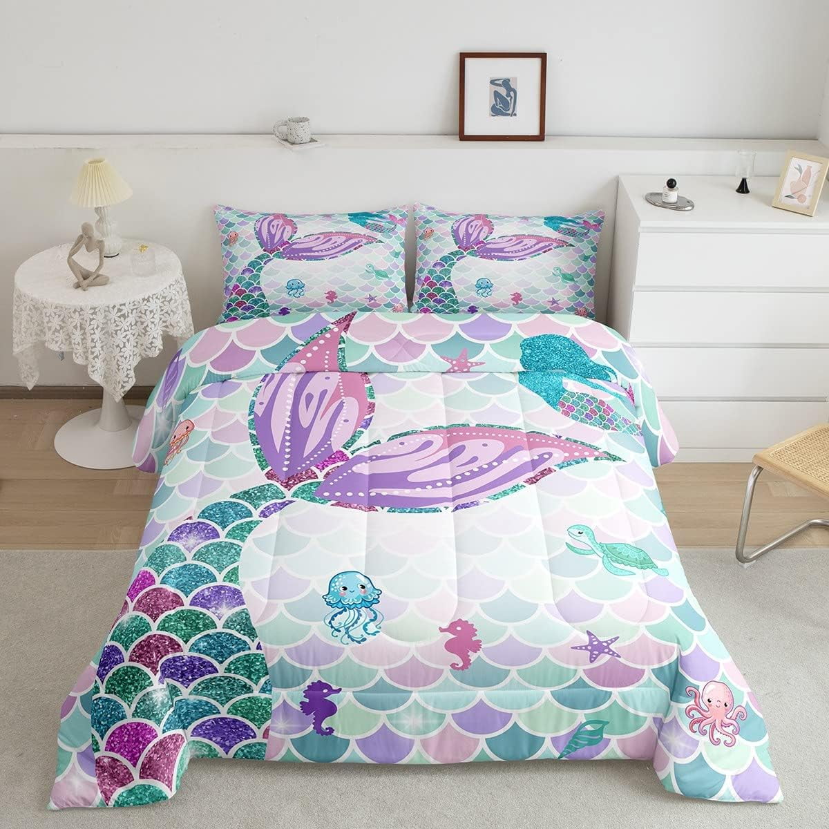 Mermaid Tail Bedding Set,Nautical Sea Animal Down Comforter Twin Size