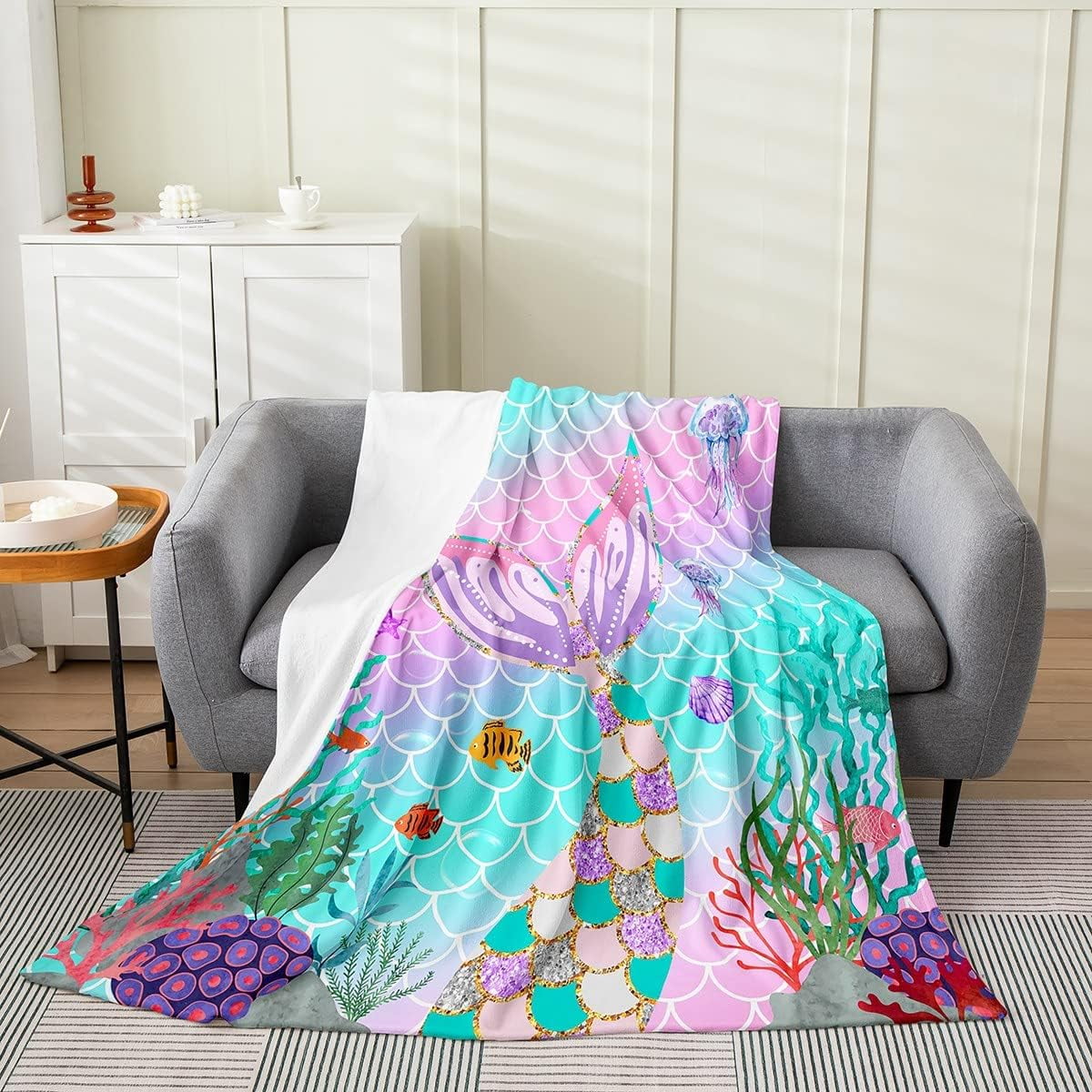 Mermaid Tail Blanket,Kids Fish Scales Throw Blanket Twin 60x80,Girly ...