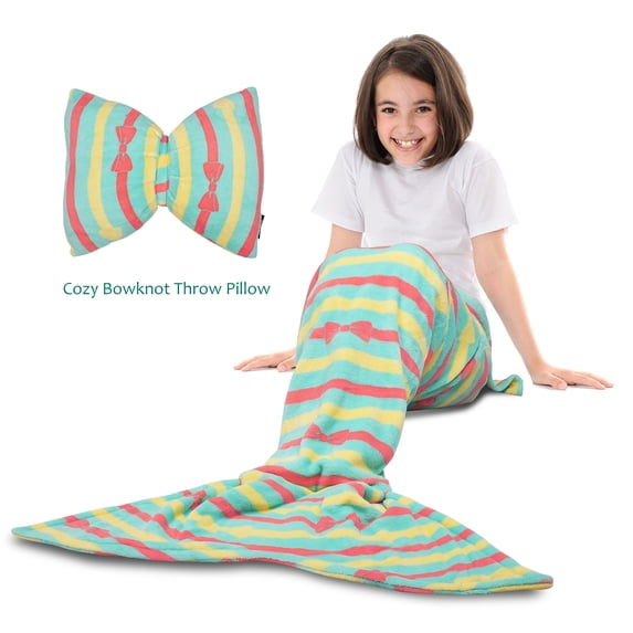 Mermaid Tail Blanket Super Soft Fleece Sleeping Bag Mermaid Blanket Tail with Pillow/Cusion Gift for Kids Girls 3-12