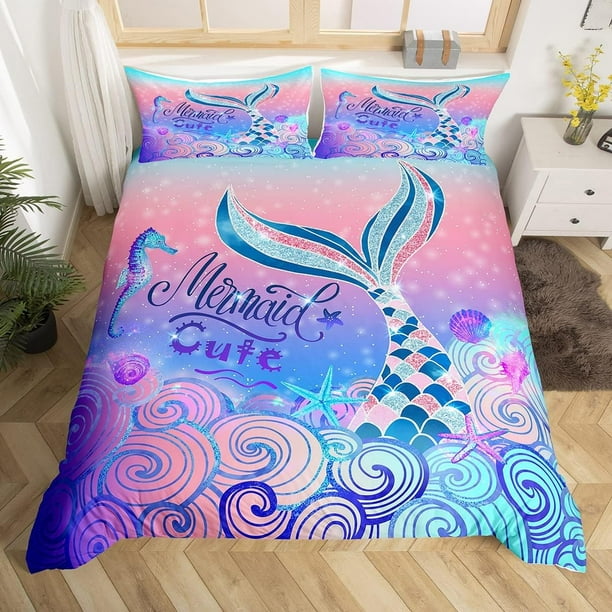 Mermaid Tail Duvet Cover Queen for Kids Watercolor Mermaid Bedding Set Queen Cartoon Little Mermaid Comforter Cover for Girls Nautical Rainbow Ombre Sea Animal Bed Cover with 2 Pillowcases Pink Blue W...