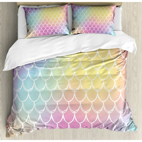 Mermaid Tail Duvet Cover Set Queen Size, Classic Squama Repetition with Tender Vivid Gradient Effect Dreamy Fish Scale, Decorative 3 Piece Bedding Set with 2 Pillow Shams, Multicolor, by Ambesonne