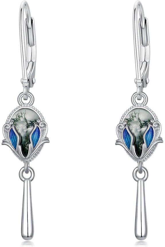 Mermaid Tail Earrings Sterling Silver Moss Agate Drop Earrings Long Mermaid Dangle Earrings Leverback Jewelry Birthday Christmas Gifts for Women