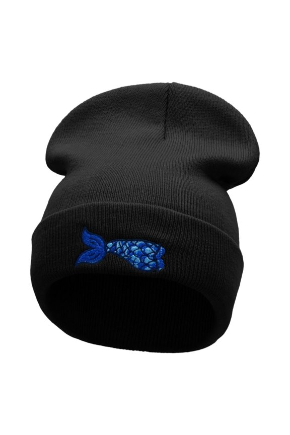 Mermaid Tail Embroidered 12 Inch Long Knitted Beanie - Black OSFM