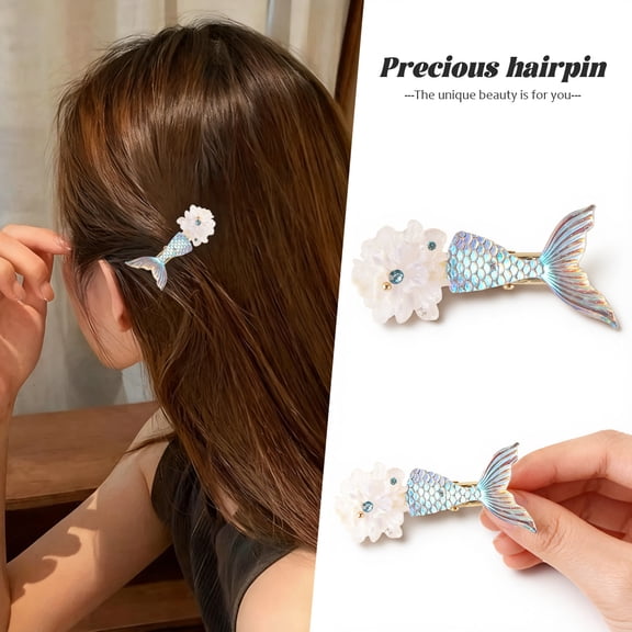 Mermaid Tail Hair Claw Clip for Women, Small Hair Clip with White Flower & Iridescent Tail, Fantasy Ocean Hair Accessory for Half-Up Hairstyles