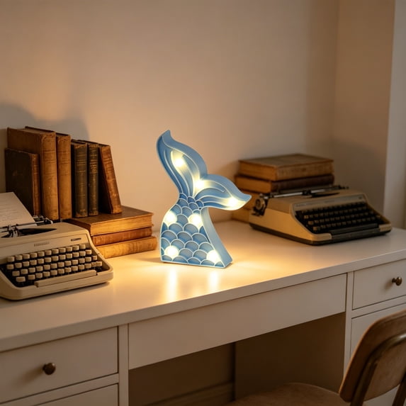 Mermaid Tail LED Night Light, Glowing Tabletop Decor for Bedroom , Battery Operated Decorative Lamp with Scale Texture