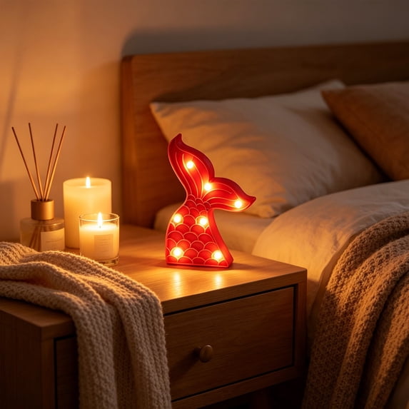 Mermaid Tail LED Night Light, Glowing Tabletop Decor for Bedroom , Battery Operated Decorative Lamp with Scale Texture